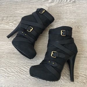 Black Gold Multi Strap Buckle Heel Booties